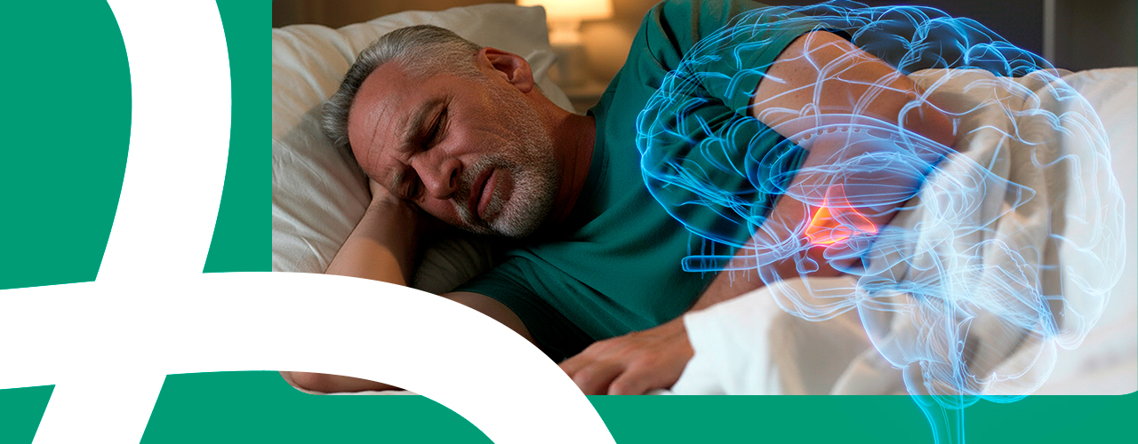 Homem de meia idade, com cabelo grisalho, dormindo, com aparente sono conturbado